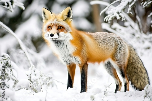 Alert red fox in snowy forest, vivid colors against white.