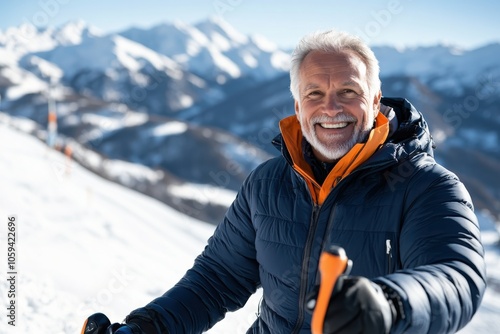 A joyful senior man wearing an orange jacket and black gloves, grips ski poles while posing against the stunning snowy mountain landscape under bright sunlight. photo