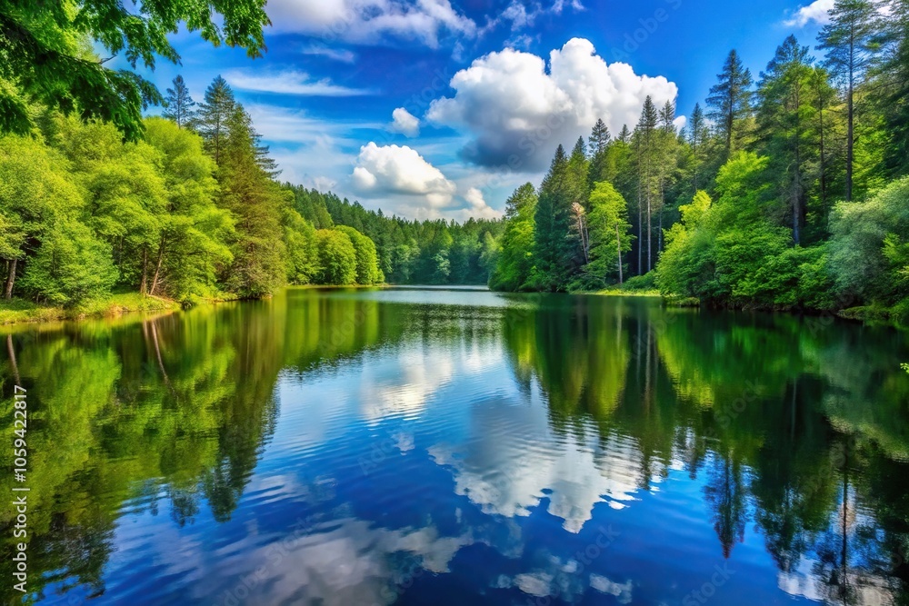 A tranquil lake surrounded by towering trees and lush forest vegetation, trees, woodland, nature, serenity A tranquil lake surrounded by towering trees and lush forest vegetation, trees, woodland, nature, serenity