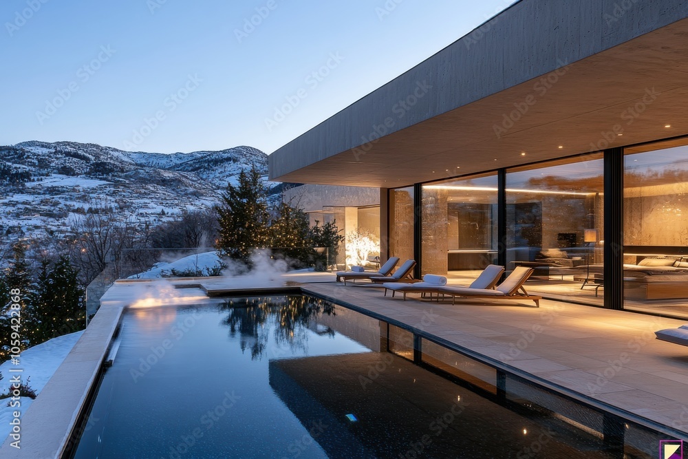Fototapeta premium A magnificent mountain villa features a stunning infinity edge pool and floor-to-ceiling windows, embracing the breathtaking snowy backdrop, perfect for escapists.