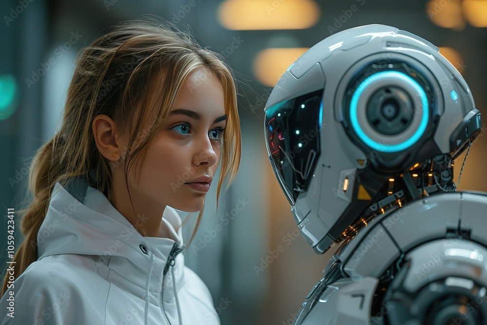 Fototapeta premium A woman stands in front of a robot with a blue face