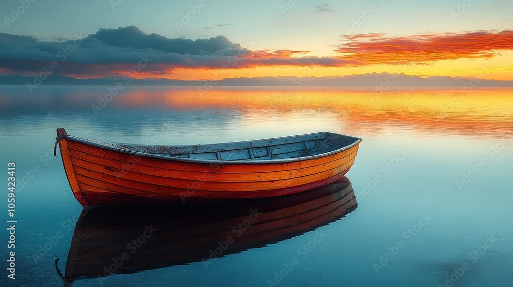 Tranquil Boat Anchored on a Calm Lake During Golden Hour with Soft Light Reflections Tranquil Boat Anchored on a Calm Lake During Golden Hour with Soft Light Reflections
