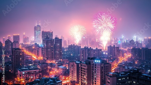 Cityscape with fireworks illuminating night sky.