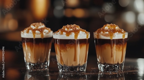 Delicious coffee cocktails decorated with whipped cream and caramel sauce