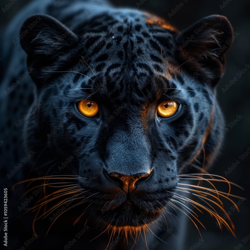 A stunning close-up of a black leopard. Its fierce eyes glow in the dark. This captivating image embodies the essence of wildlife photography. Generative AI A stunning close-up of a black leopard. Its fierce eyes glow in the dark. This captivating image embodies the essence of wildlife photography. Generative AI