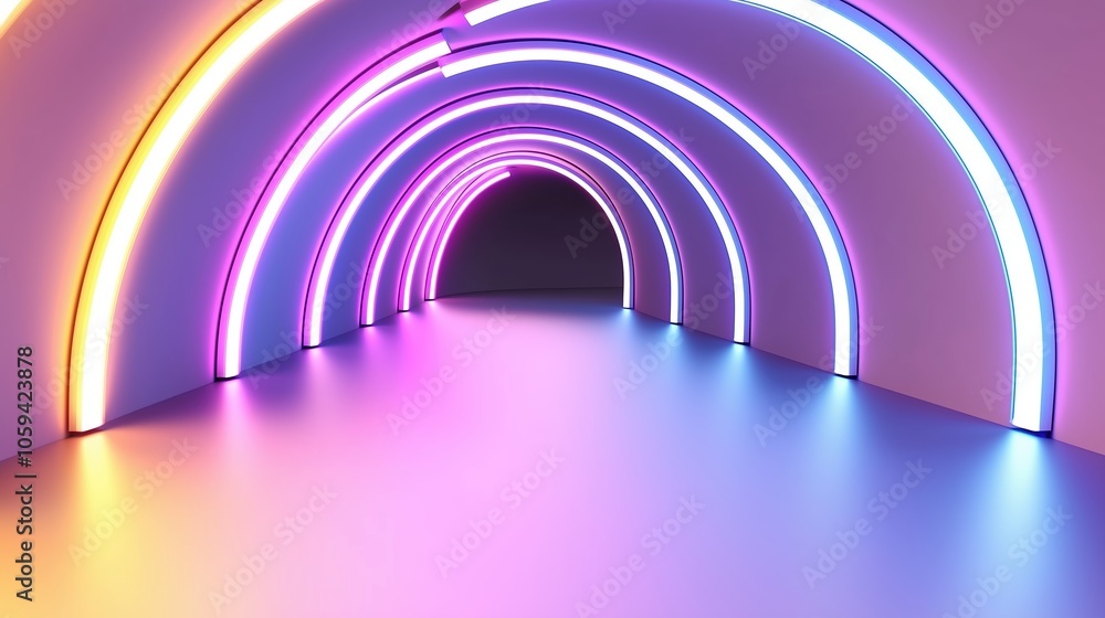Long, curved tunnel with neon lights. The tunnel is lit up in a rainbow of colors, creating a vibrant and energetic atmosphere. The lights are arranged in a way that they seem to be moving Long, curved tunnel with neon lights. The tunnel is lit up in a rainbow of colors, creating a vibrant and energetic atmosphere. The lights are arranged in a way that they seem to be moving