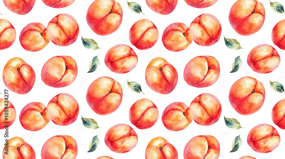 Seamless pattern of ripe whole peaches featuring juicy fruit in a top view close up perfect for package design organic vegetarian food watercolor illustration Seamless pattern of ripe whole peaches featuring juicy fruit in a top view close up perfect for package design organic vegetarian food watercolor illustration