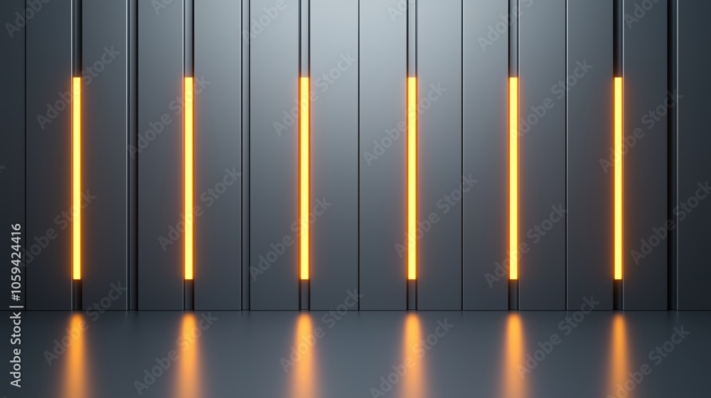 Series of neon lights are lined up on a wall. The lights are bright and create a futuristic, industrial feel Series of neon lights are lined up on a wall. The lights are bright and create a futuristic, industrial feel