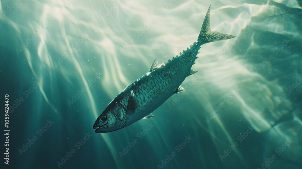 Naklejka premium Single mackerel swimming through sunlit waters, its silvery scales reflecting light.