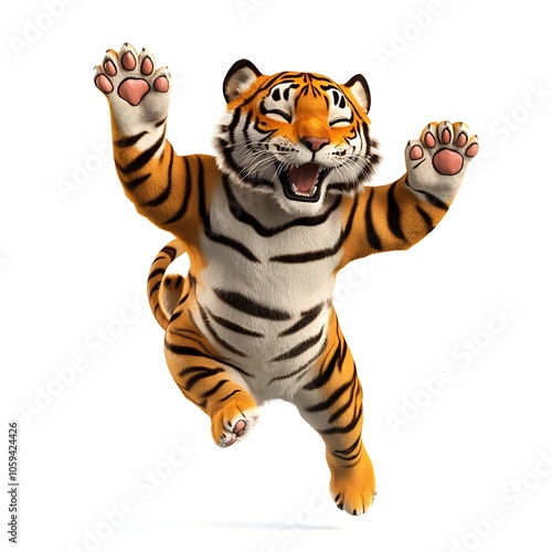 Happy Tiger Leap: A cheerful cartoon tiger leaps with joy, paws outstretched, embodying energy and optimism. This playful illustration captures the essence of the tiger's spirit. photo