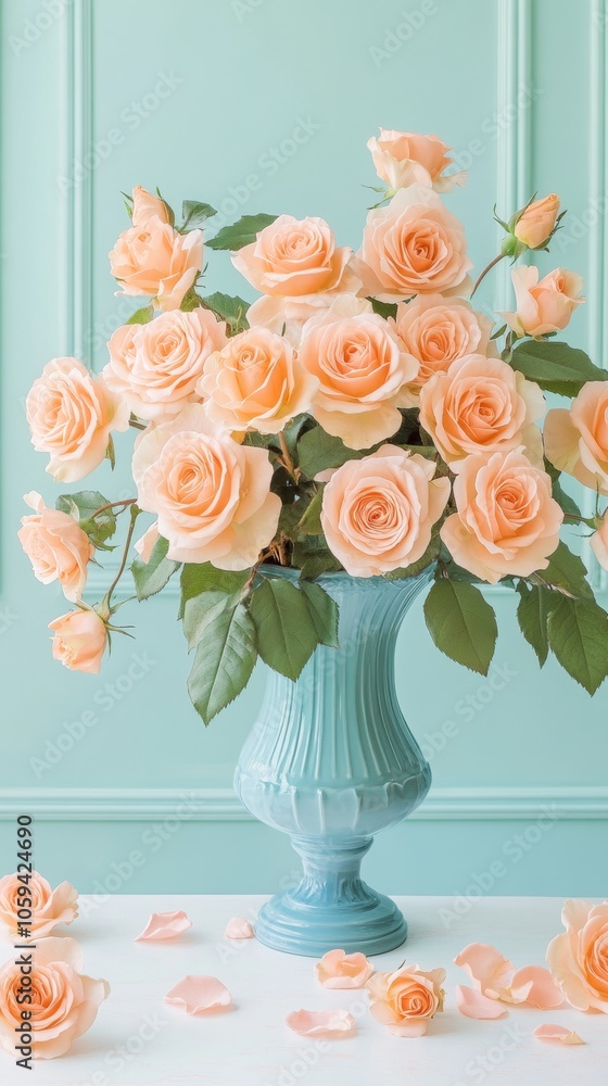 Obraz premium Peach roses bouquet in blue vase on white table against teal background