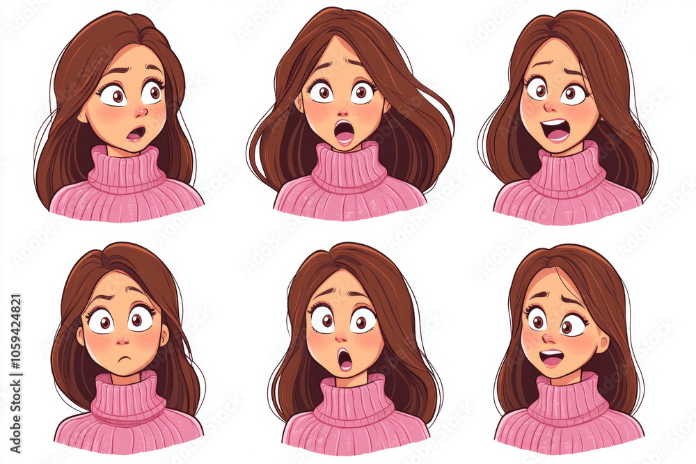 Set of images, beautiful woman with brown hair, wearing pink sweater, making different gestures and facial expressions, isolated on white background.