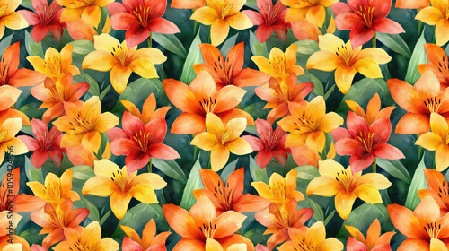 Seamless pattern featuring beautiful vibrant day lilies in watercolor ideal for fabric design and home decor