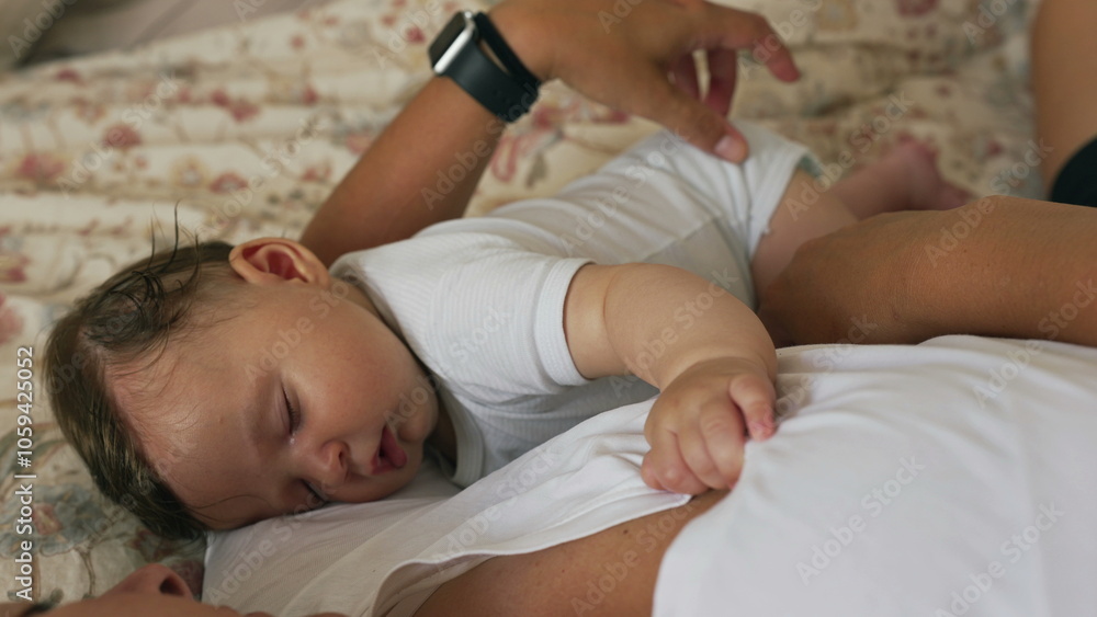 Baby asleep on mother’s chest, both resting on the bed, creating a serene family moment of closeness and affection in a calm home setting Baby asleep on mother’s chest, both resting on the bed, creating a serene family moment of closeness and affection in a calm home setting