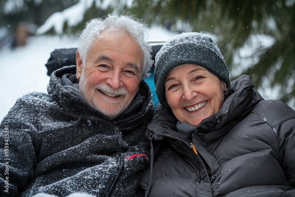 An elderly couple, bundled in winter coats and hats, shares a joyful smile in a beautiful snowy setting, with snowflakes gently falling around them, happy together. An elderly couple, bundled in winter coats and hats, shares a joyful smile in a beautiful snowy setting, with snowflakes gently falling around them, happy together.