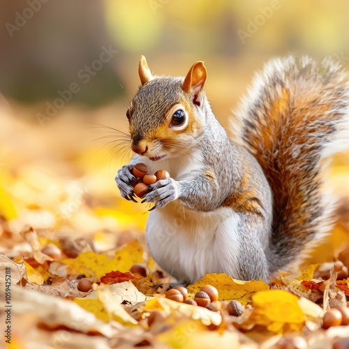 Squirrel Gathering Nuts in Autumn Leaves