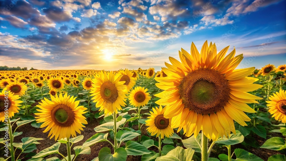Fototapeta premium A warm and vibrant sunflower field with tall yellow flowers stretching towards the sky on a bright sunny day, happy, landscape, outdoor, sunny fields, sunshine