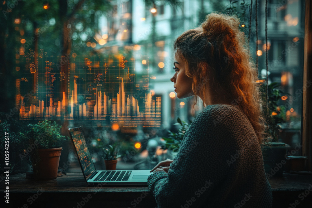 Caucasian woman analyzing data on laptop with double exposure effect Caucasian woman analyzing data on laptop with double exposure effect