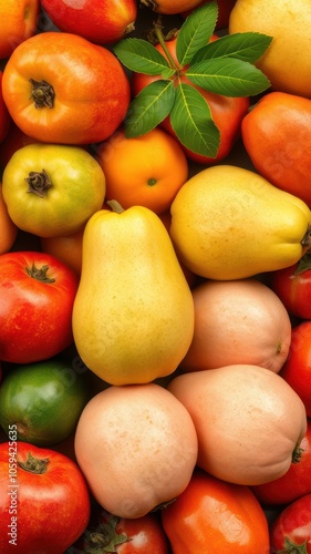 A close-up of various fruits and vegetables, including tomatoes, pears, and oranges