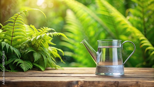 A watering can filled with crystal-clear water sits on a wooden table near a lush green fern., decoration, outdoor, greenery, plantspot photo