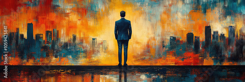 A man in formal attire gazes towards a bright sunset illuminating the city, contemplating his future amid abstract colors and reflections