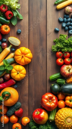 A variety of fresh produce, including pumpkins, apples, tomatoes, and cucumbers, are arranged on a wooden surface