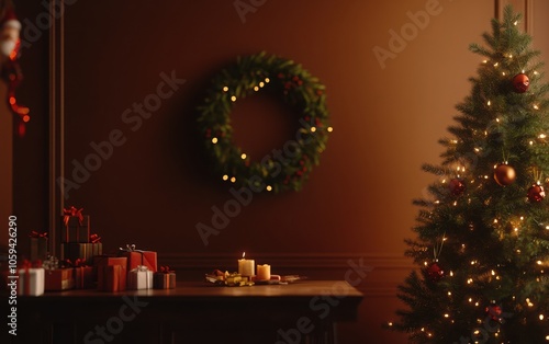 Studio-shot mockup of a Christmas scene with a wreath hanging on the wall, garland and a Christmas tree with gifts nearby