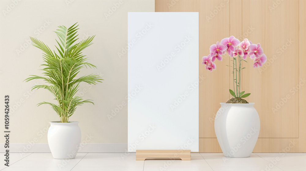 Minimalist interior with potted palm and orchid plants beside a blank display board Minimalist interior with potted palm and orchid plants beside a blank display board