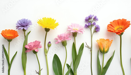 "Collection of natural flowers with colorful and vibrant petals, arranged on a plain white background. Perfect for floral designs, nature-themed projects, or seasonal concepts." 