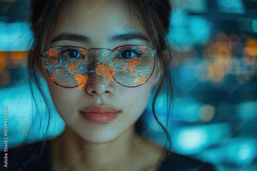 Asian woman with digital world map reflection on glasses Asian woman with digital world map reflection on glasses