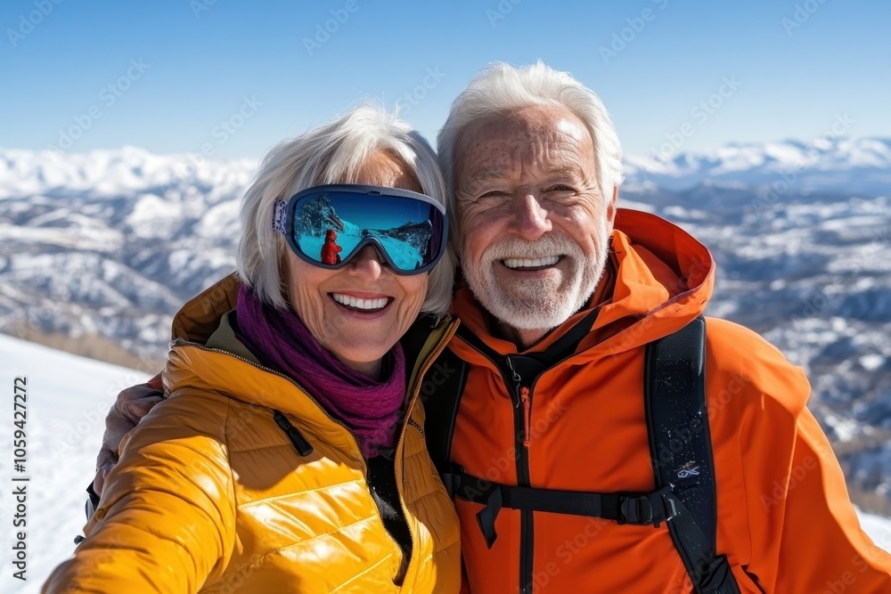 A smiling elder couple, dressed in vibrant ski gear, stands arm in arm atop a snowy mountain, capturing a moment of companionship and exuberance during a ski trip. A smiling elder couple, dressed in vibrant ski gear, stands arm in arm atop a snowy mountain, capturing a moment of companionship and exuberance during a ski trip.