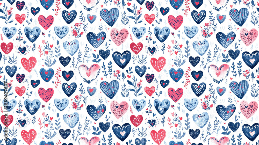 Naklejka premium Seamless pattern of heart shapes decorated with Valentine s Day symbols perfect for romantic themes and designs