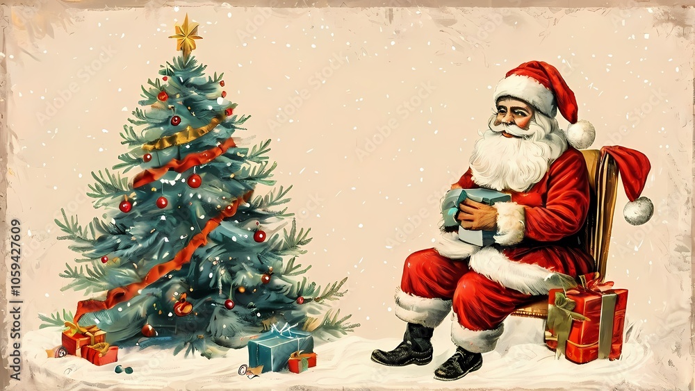 Santa Claus in a joyful mood, presenting gifts in front of a beautifully decorated Christmas tree in vintage postcard style. Santa Claus in a joyful mood, presenting gifts in front of a beautifully decorated Christmas tree in vintage postcard style.