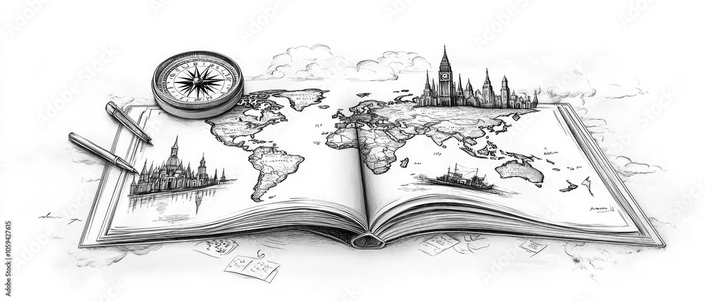 Obraz premium A sketch of an open book with a world map, compass, and pencils.
