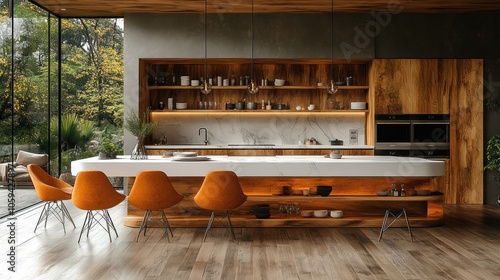 Modern kitchen with a large island, white countertop, and orange chairs. The kitchen has a wood and concrete design, with open shelves and a window overlooking a lush green garden.
