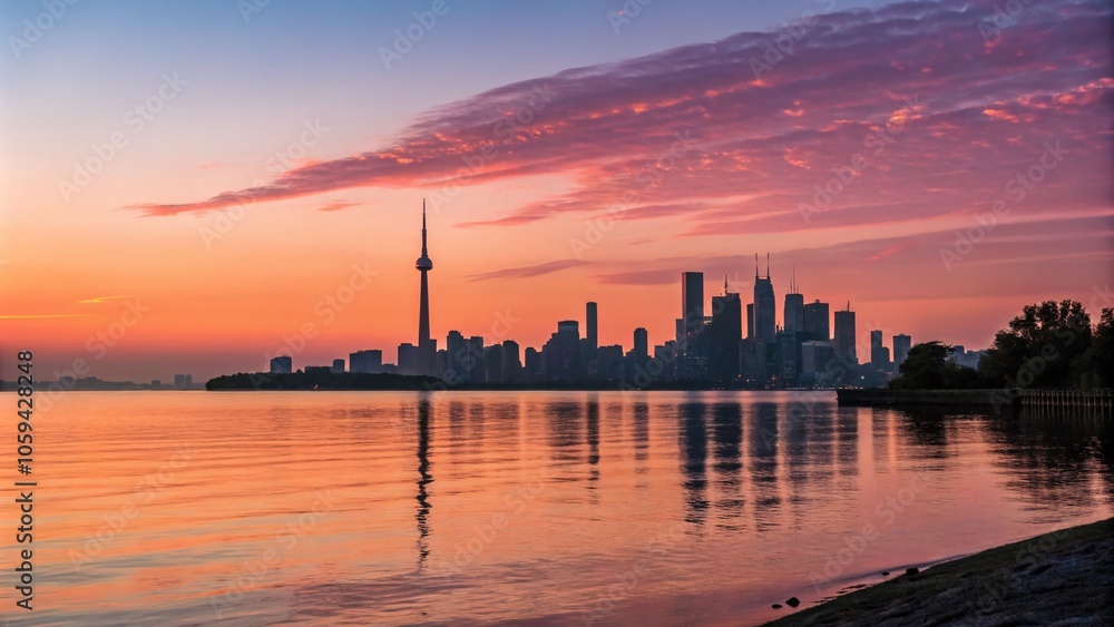 Fototapeta premium Stunning City Skyline Reflected in Calm Waters at Sunset - Minimalist Photography