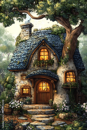 charming cottage nestled in lush forest, featuring stone exterior, blue roof, and warm glowing windows. inviting entrance is surrounded by blooming flowers and greenery, creating cozy fantasy