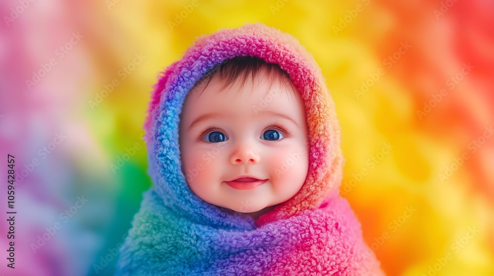Happy Infant Wrapped in a Soft Blanket - Cheerful Baby Portrait in Pastel Tones Happy Infant Wrapped in a Soft Blanket - Cheerful Baby Portrait in Pastel Tones