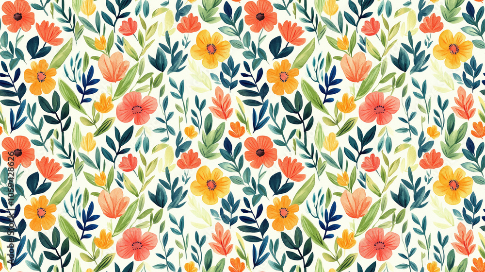 Obraz premium Watercolor floral and leaf pattern featuring vibrant summer colors ideal for fabric design and stationery