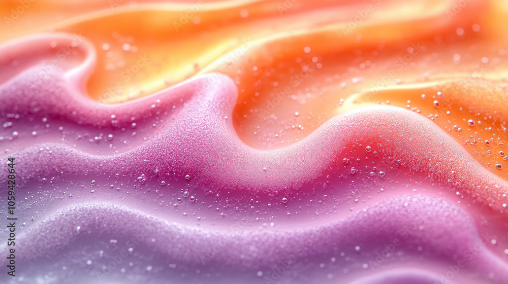 Vibrant waves of orange and pink blend with purple in a mesmerizing display, highlighted by tiny droplets creating a captivating texture Vibrant waves of orange and pink blend with purple in a mesmerizing display, highlighted by tiny droplets creating a captivating texture