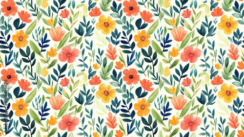 Watercolor floral and leaf pattern featuring vibrant summer colors ideal for fabric design and stationery