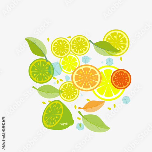 lemon and lime.  Set of citrus slices with pieces of ice and fresh leaves.