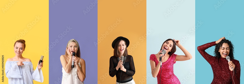 Obraz premium Set of singing women with microphones on color background