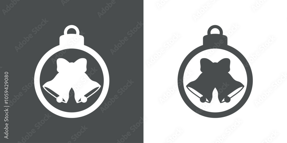 Obraz premium Tiempo de Navidad. Logo con silueta de bola de navidad con 2 campanas con lazo de cinta para su uso en tarjetas y felicitaciones