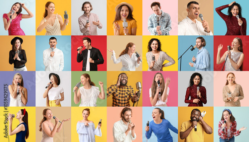 Schilderij op canvas Collage of many people with microphones on color background