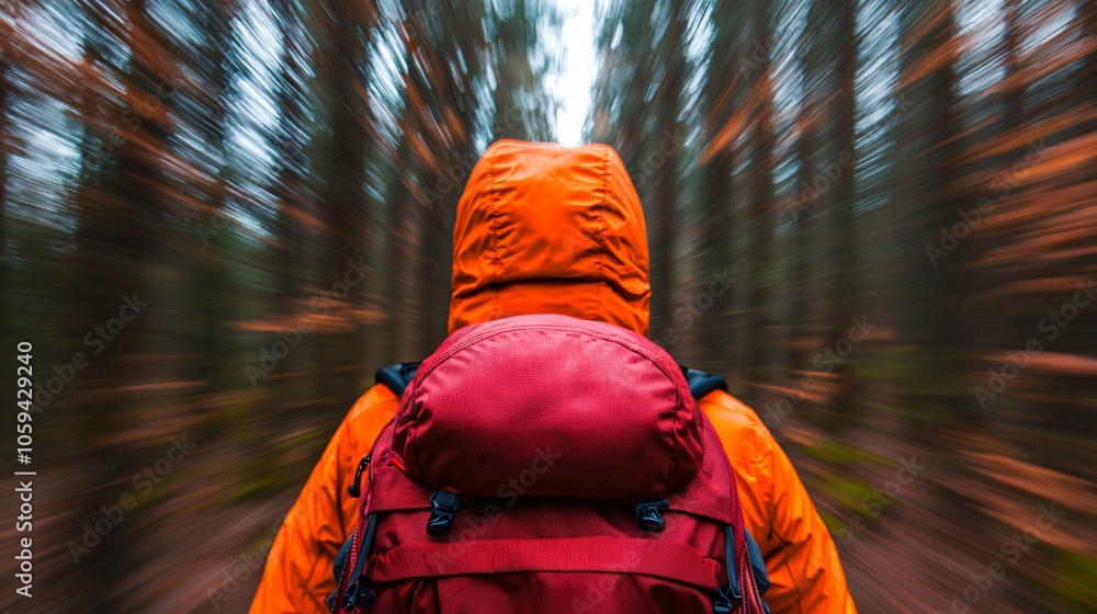 Obraz premium Energized Backpacker Hiking in Lush Forest - Close-up of Adventurous Hiker in Bright Jacket Surrounded by Towering Trees on Trail