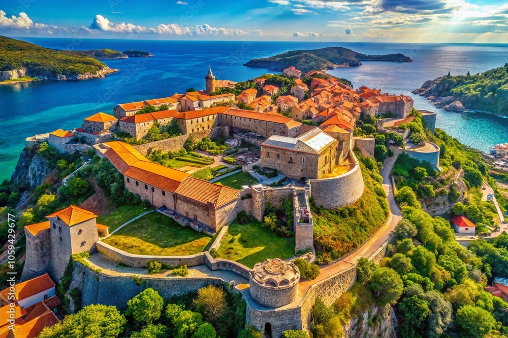 Obraz premium Stunning Drone Photography of Fort Zverev's Historic Architecture and Scenic Views