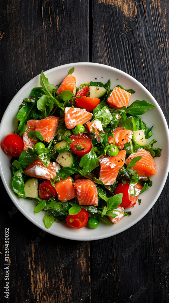 Fresh salad with salmon, spinach, cherry tomatoes, cucumber, green peas and creamy dressing on white plate on wooden table Fresh salad with salmon, spinach, cherry tomatoes, cucumber, green peas and creamy dressing on white plate on wooden table