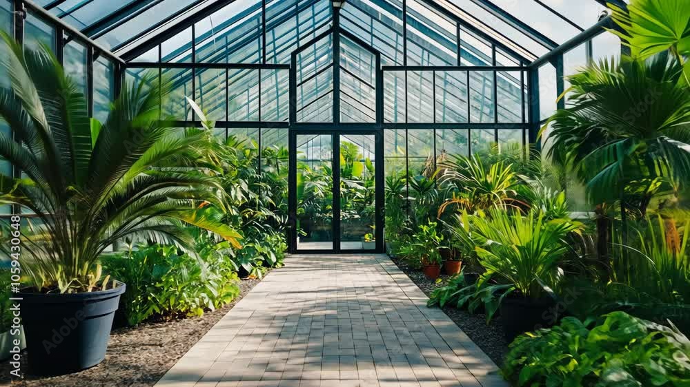 A brick pathway leads through a lush greenhouse filled with tropical plants A brick pathway leads through a lush greenhouse filled with tropical plants