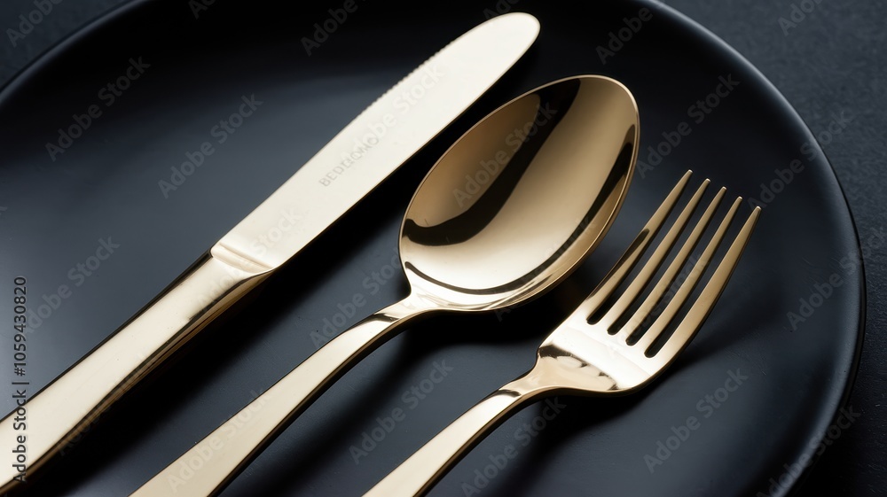 Gold Flatware on Matte Black Plate for Modern, Minimalist Table Setting Gold Flatware on Matte Black Plate for Modern, Minimalist Table Setting
